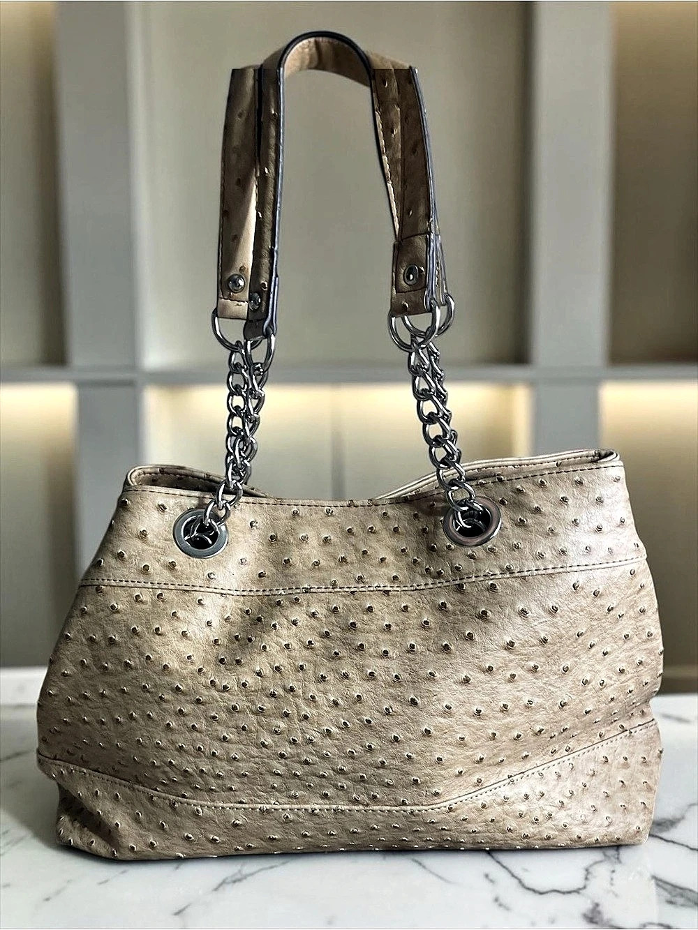 Ostrich-Embossed Beige Tote Like New